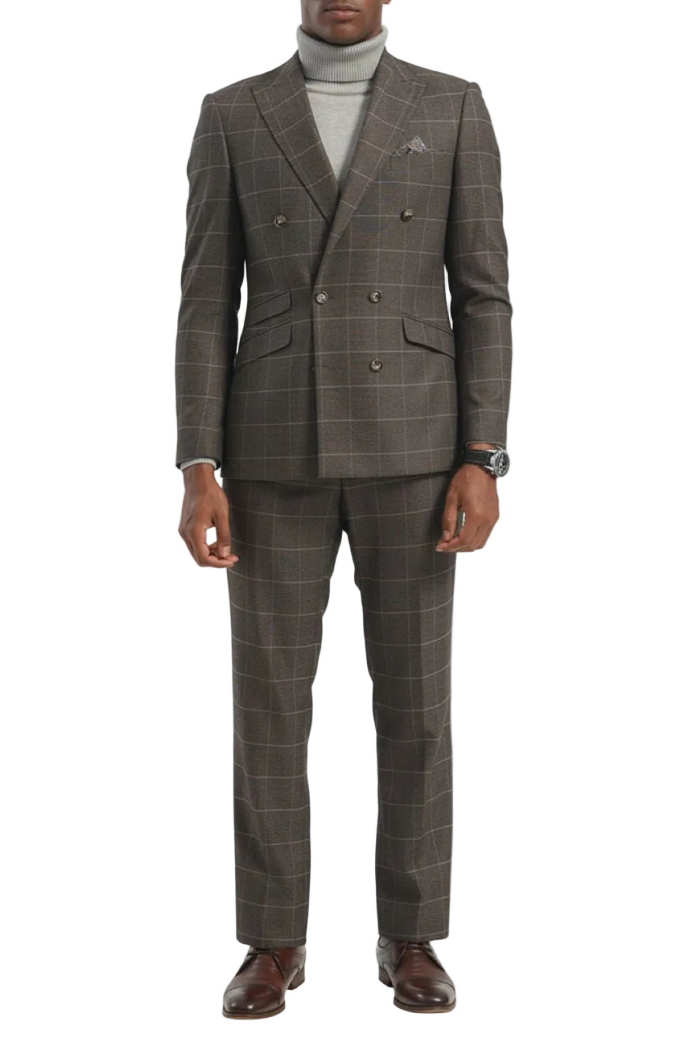 Stacy Adams - Brown Hybrid Fit Windowpane Double Breasted 2 Piece Suit With Expandable Waist Band