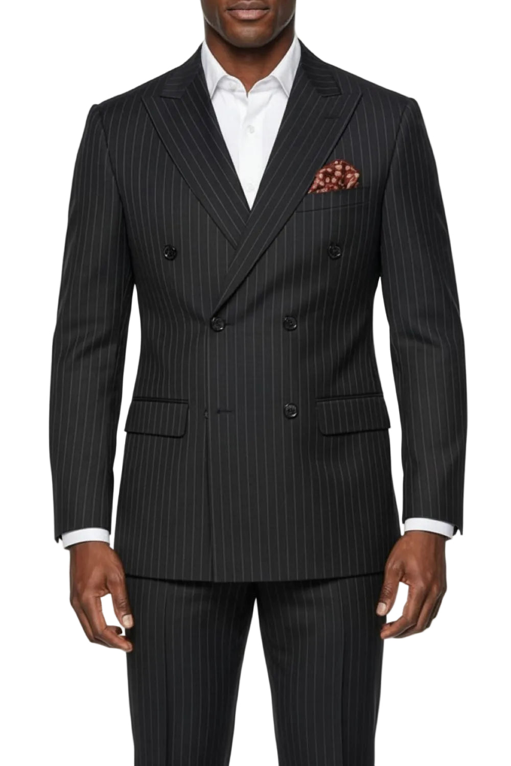 Black pinstripe suit with white shirt and pocket square on a white background