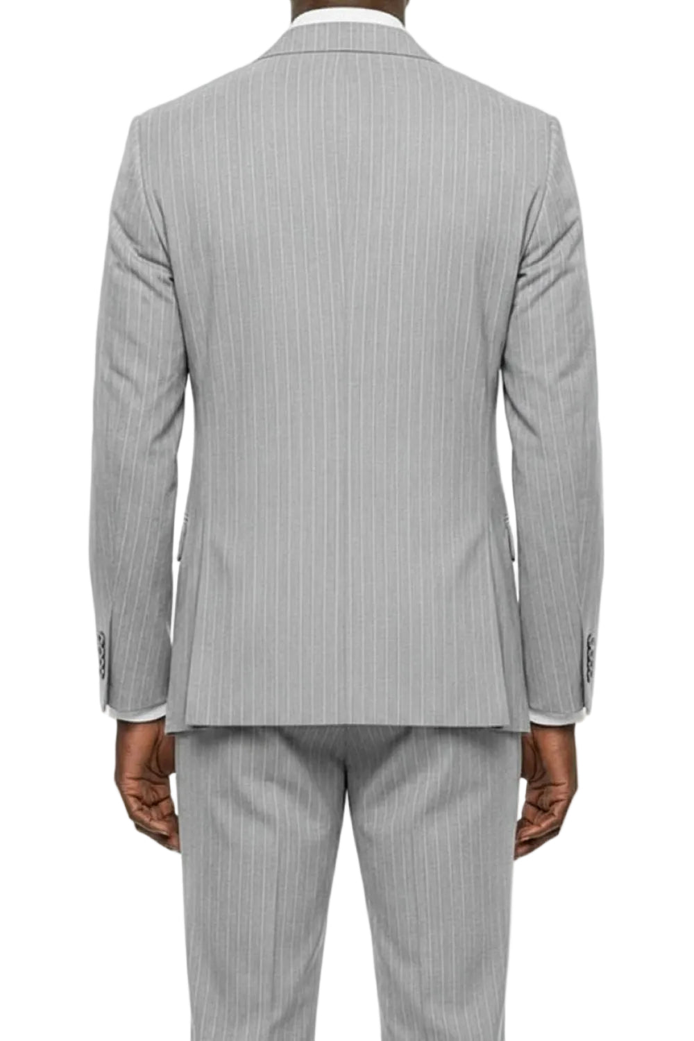 Gray pinstripe suit jacket and pants on a white background