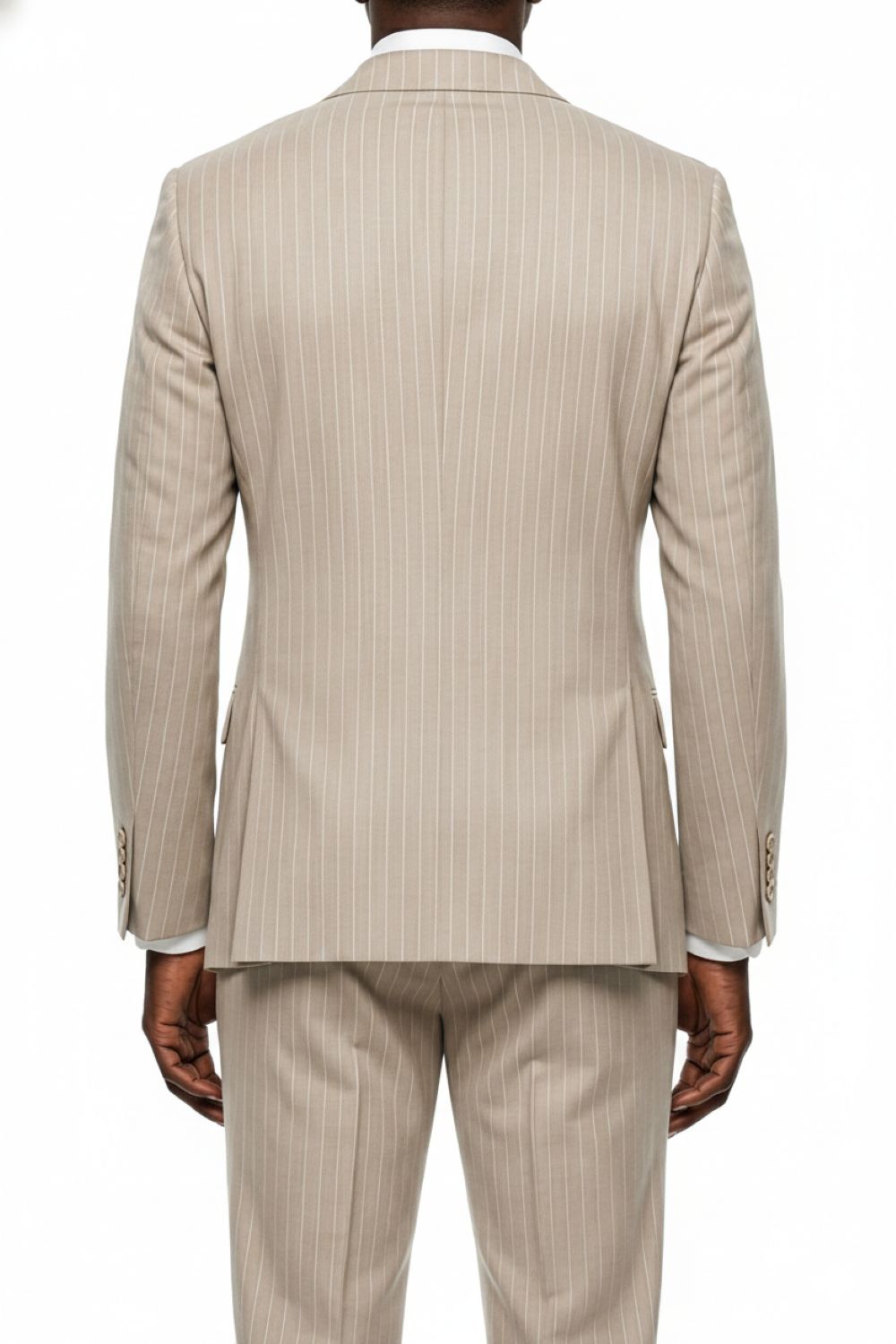 Beige pinstripe suit on a white background