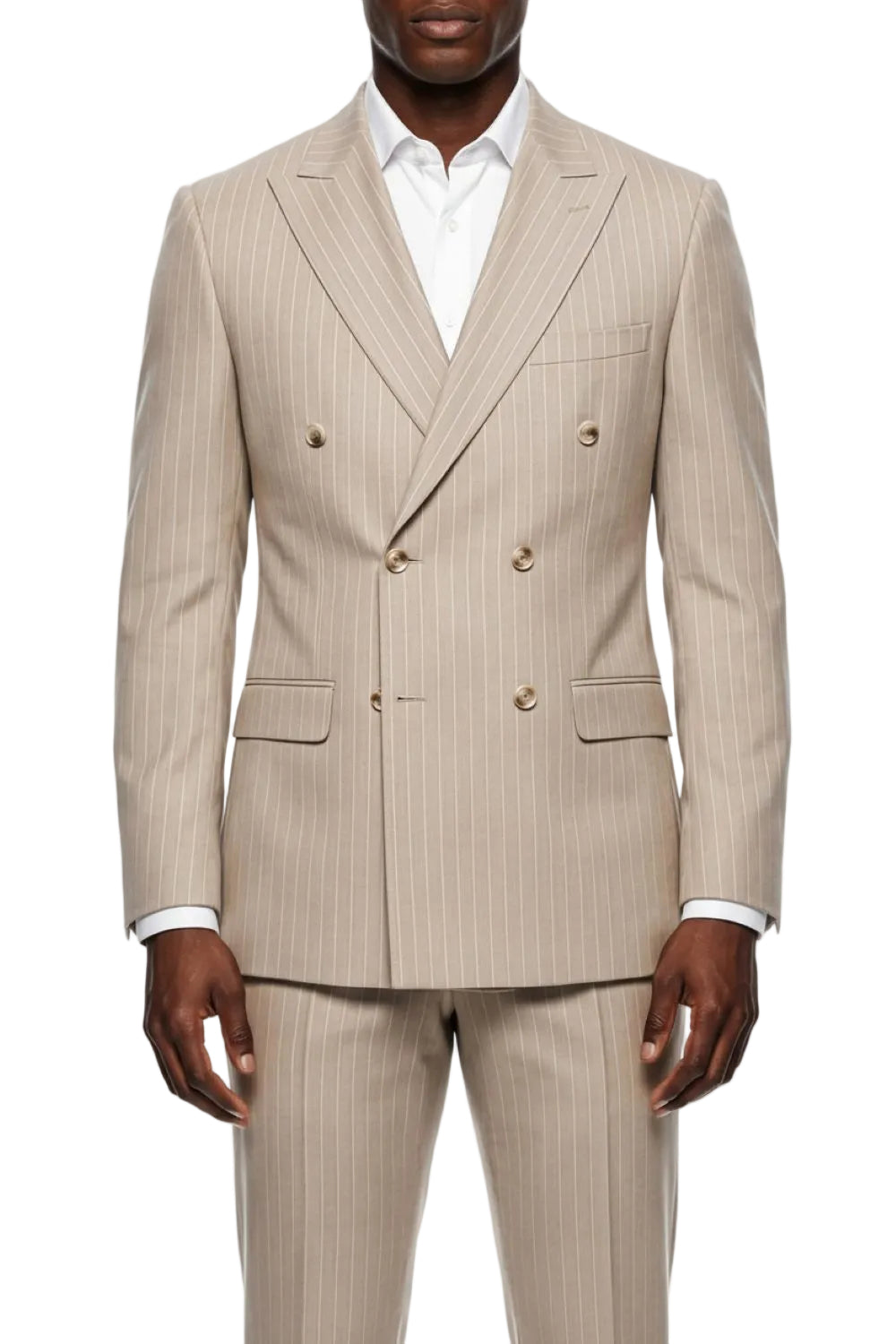 Beige pinstripe suit on a white background