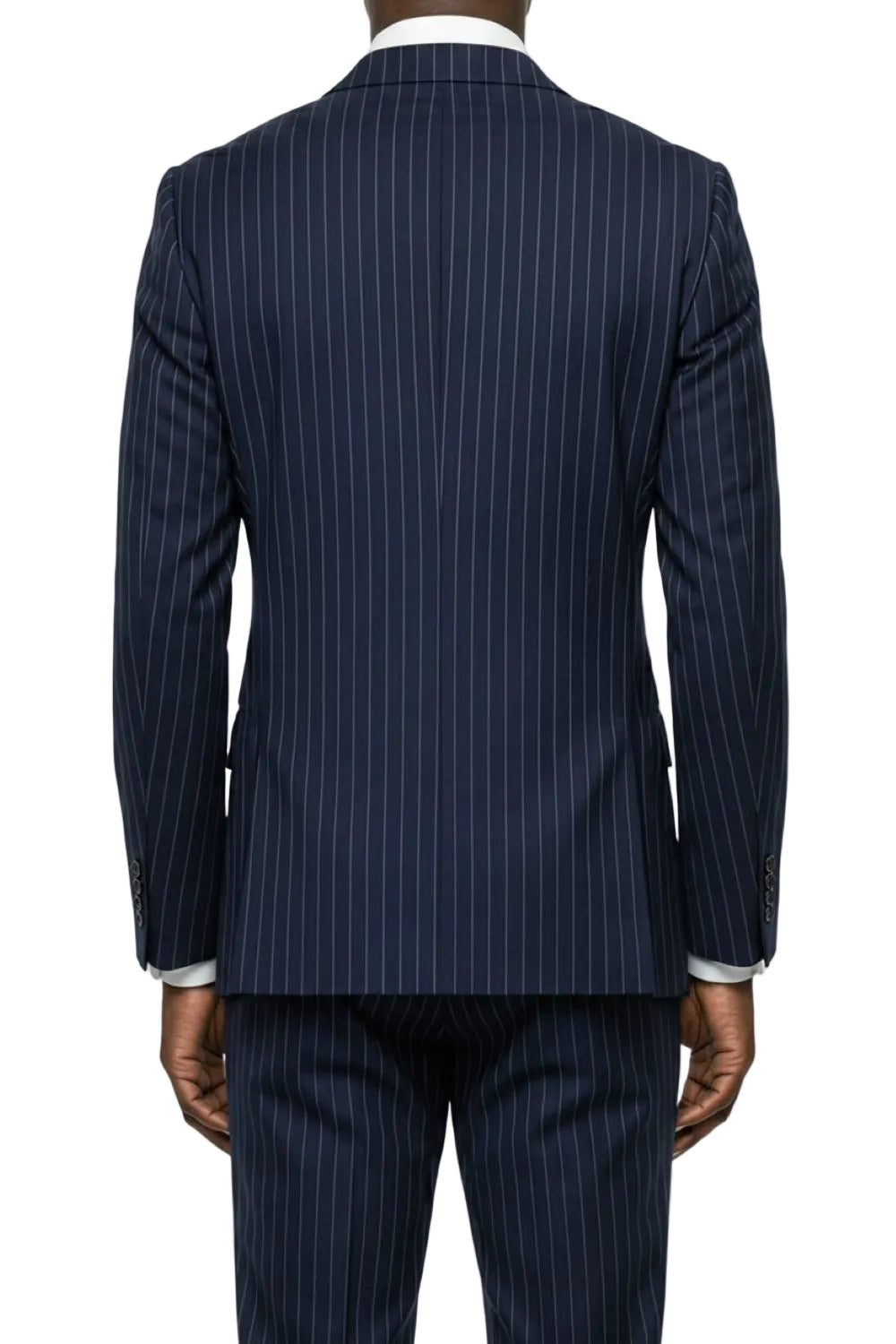 Navy pinstripe suit jacket and pants on a white background