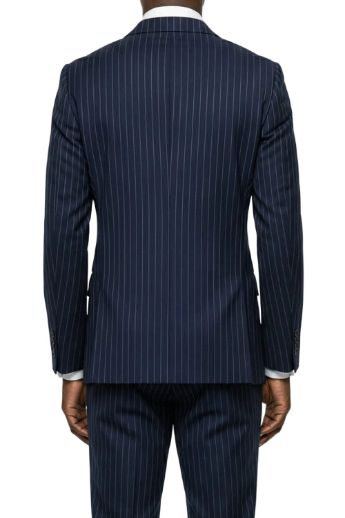 Navy pinstripe suit jacket and pants on a white background