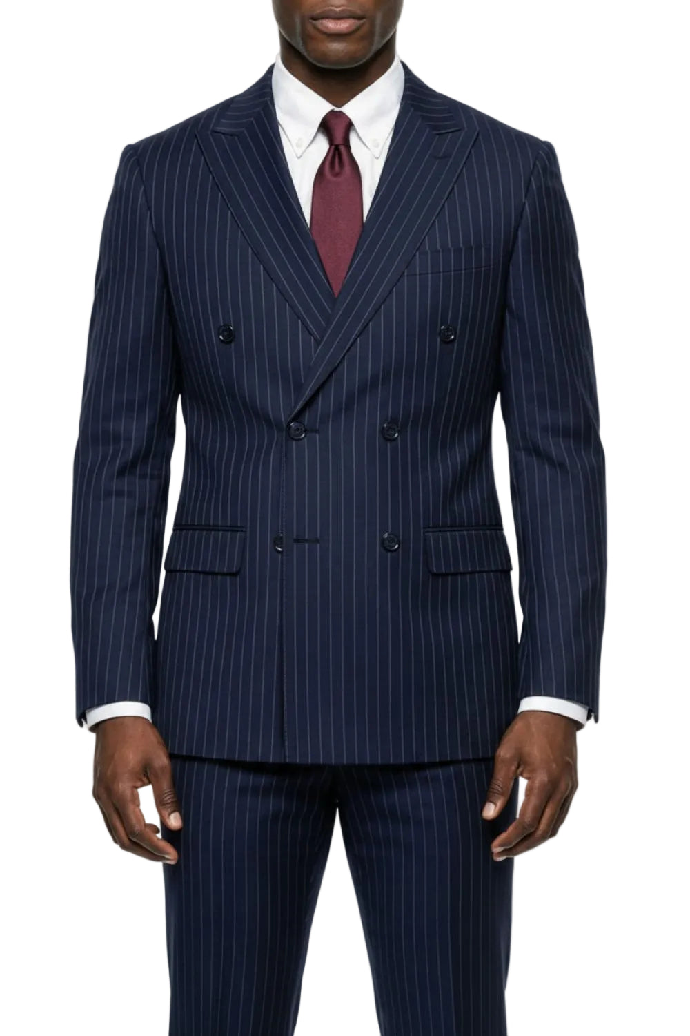 Man wearing a navy pinstripe suit with a white shirt and burgundy tie on a white background
