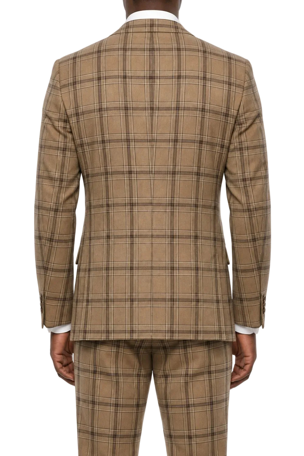 A man viewed from the back wearing a tan and brown plaid suit jacket with matching trousers, a white dress shirt, and a dark tie against a plain white background.