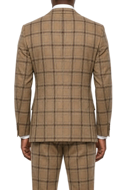 A man viewed from the back wearing a tan and brown plaid suit jacket with matching trousers, a white dress shirt, and a dark tie against a plain white background.