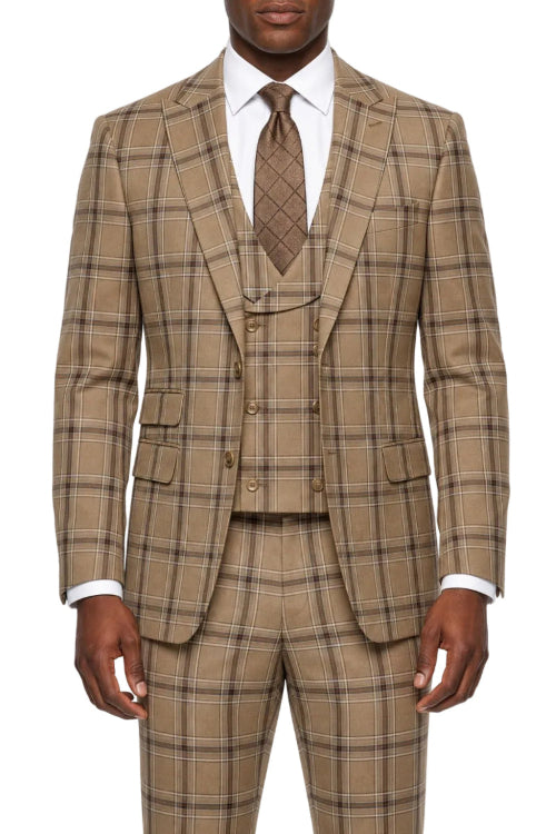 Stacy Adams - Tan 3-Piece Plaid Hybrid Fit Suit