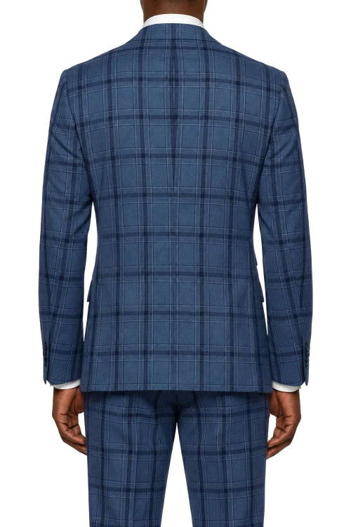 A man viewed from the back wearing a blue plaid suit jacket and matching trousers, with a white shirt cuff visible at the collar.