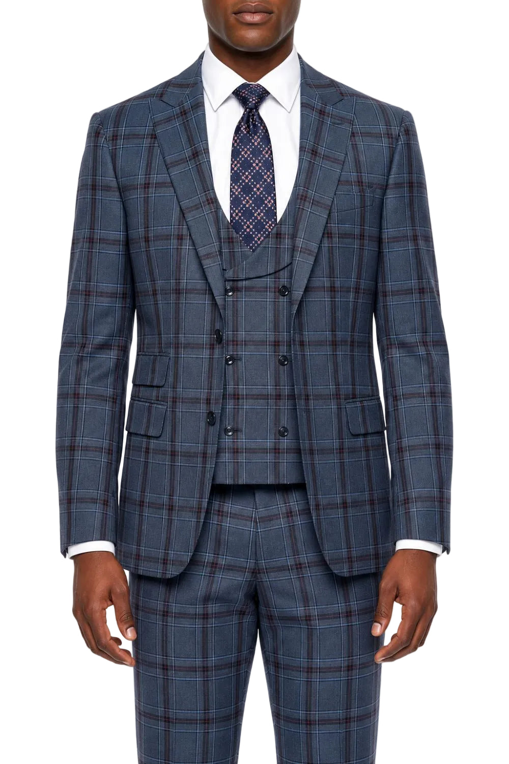 Stacy Adams - Steel Navy 3-Piece Plaid Hybrid Fit Suit