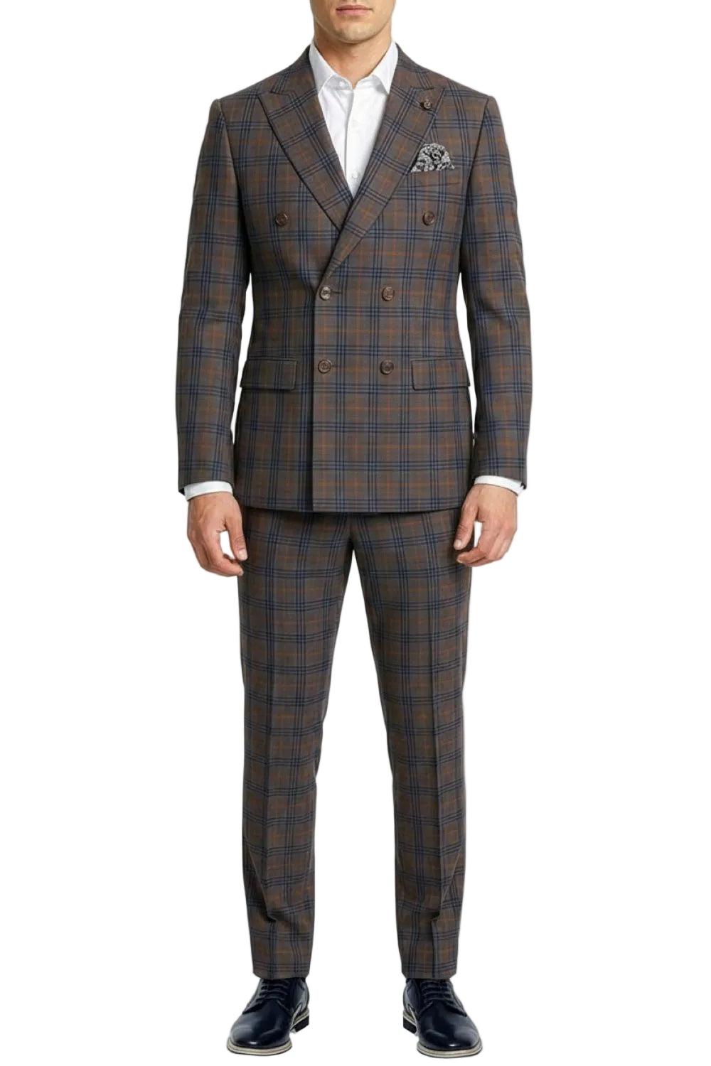 Stacy Adams - Gray Hybrid Fit 2 Piece Double Breasted Windowpane Plaid Suit