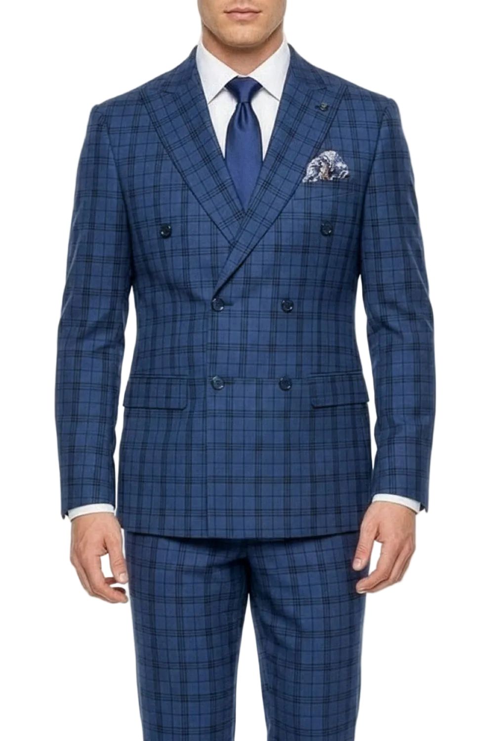 Blue plaid suit with matching tie and pocket square on a white background