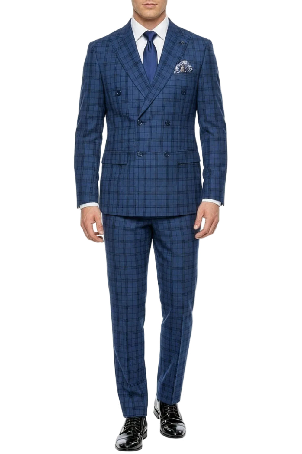 Stacy Adams - Blue Hybrid Fit 2 Piece Double Breasted Windowpane Plaid Suit