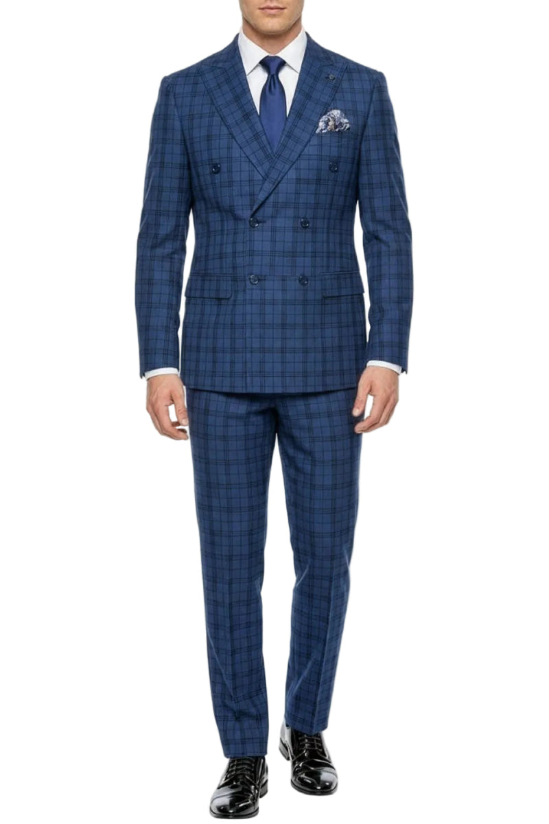 Blue hybrid fit 2 piece men's double breasted windowpane plaid suit