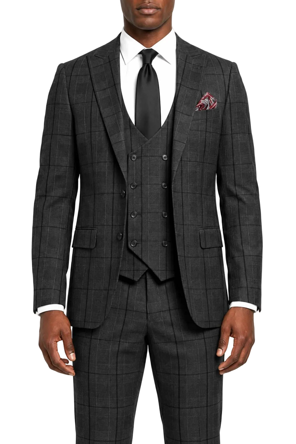 Generate separate swatch for each suit, using the same zigzag-cut square shape, white margins, and small bottom-right Suits Outlets New York watermark.