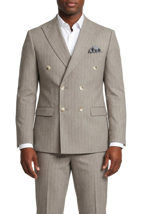 Stacy Adams - Khaki Hybrid Fit 2 Piece Double Breasted Pinstripe Suit