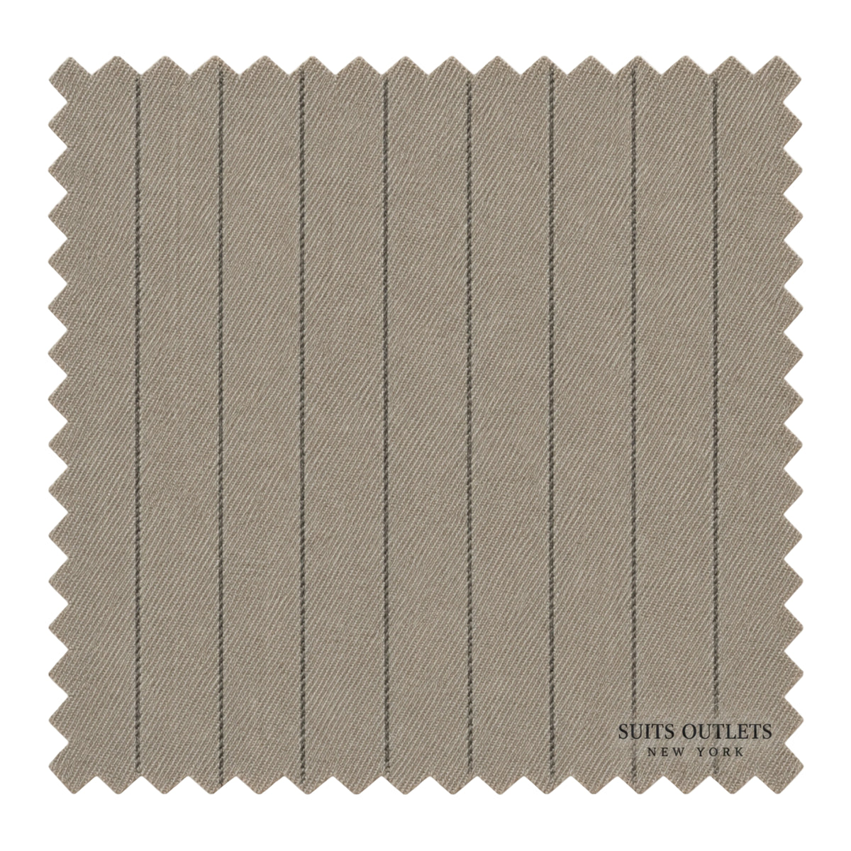 A square fabric swatch with serrated edges in a warm taupe-beige color, featuring thin vertical dark gray pinstripes. The brand name 'SUITS OUTLETS NEW YORK' is printed in the bottom right corner.