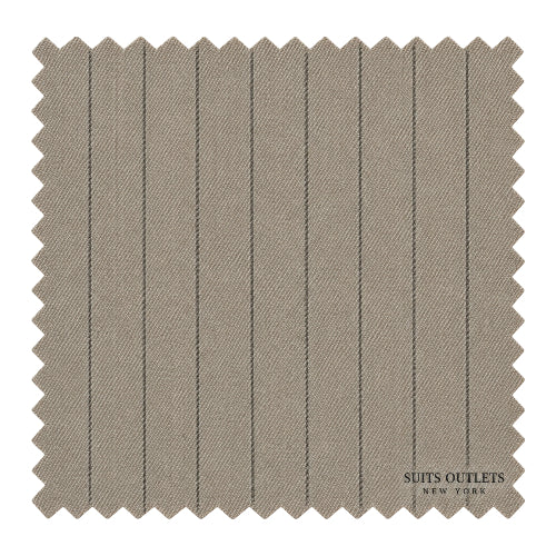 A square fabric swatch with serrated edges in a warm taupe-beige color, featuring thin vertical dark gray pinstripes. The brand name 'SUITS OUTLETS NEW YORK' is printed in the bottom right corner.