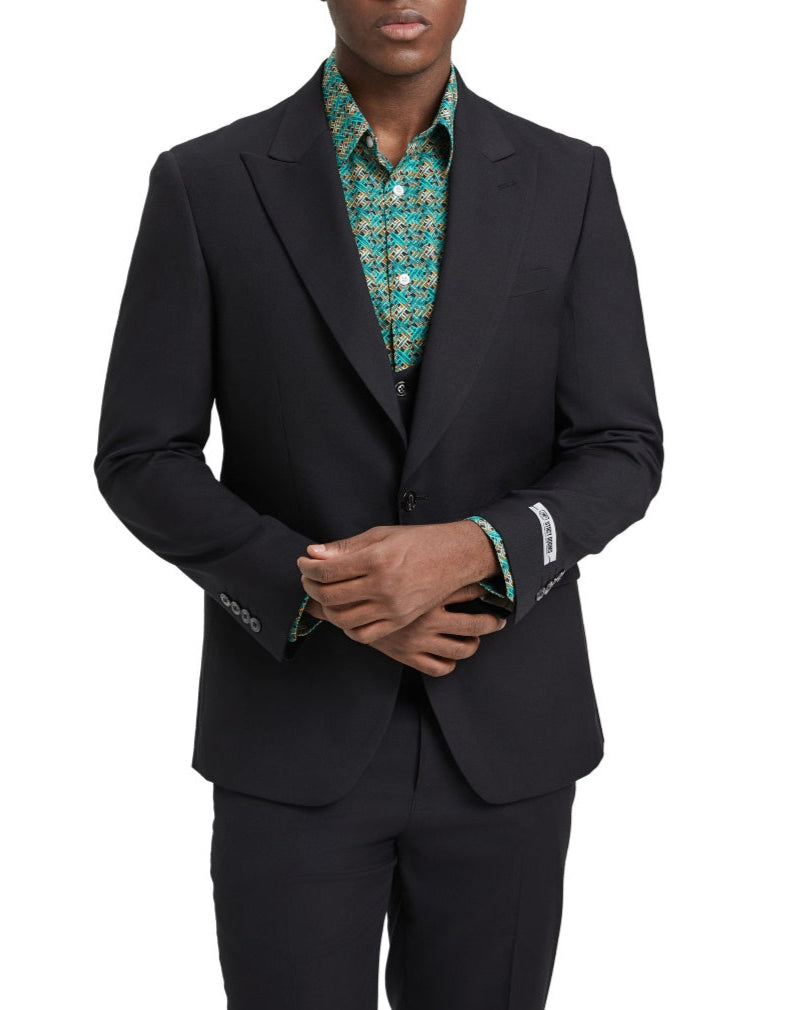 Solid black Stacy Adams 3 Piece Hybrid Fit Suit jacket showing collar, buttons, sleeves, and pockets on a white background.