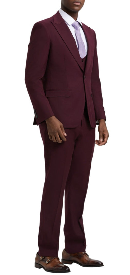 Solid Stacy Adams Burgundy 3 Piece Hybrid Fit Suit with expandable waist band, displayed with tie, shoes, collar.