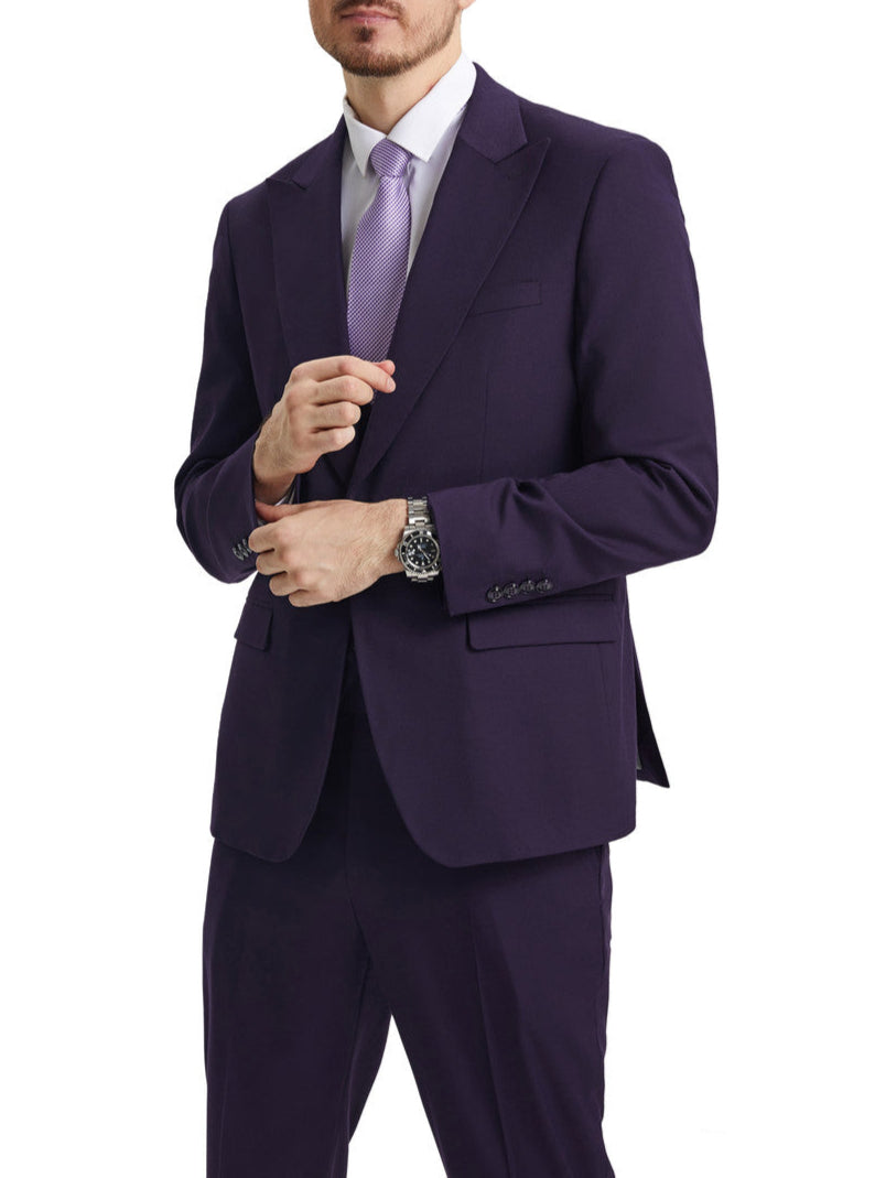 Solid purple Stacy Adams 3 Piece Hybrid Fit Suit With Expandable Waist Band jacket, displayed with a tie.