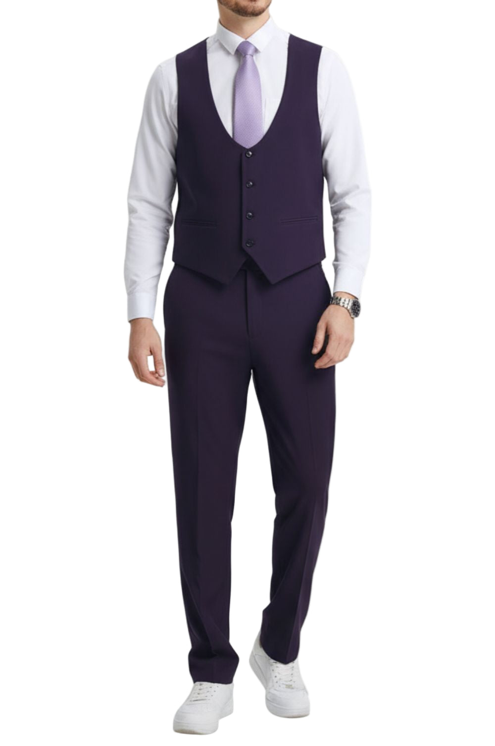 Solid purple Stacy Adams 3 Piece Hybrid Fit Suit trousers with expandable waistband and pocket detail.