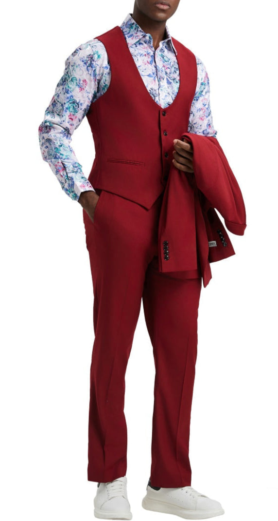 Solid Cherry Red Stacy Adams 3 Piece Hybrid Fit Suit vest with collar, buttons, and pockets, on a white background.