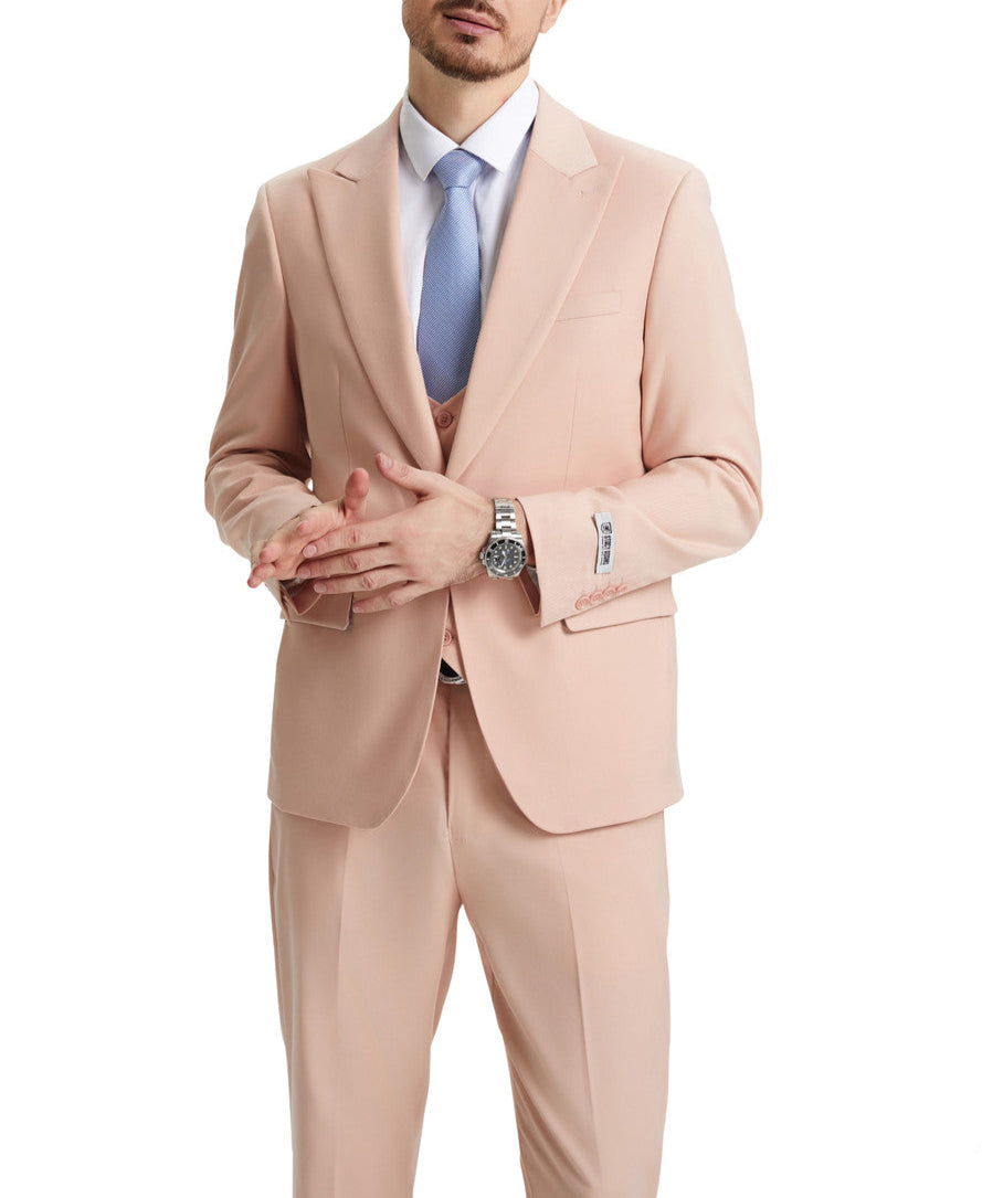 Solid blush Stacy Adams 3 Piece Hybrid Fit Suit With Expandable Waist Band jacket and vest, paired with a tie.