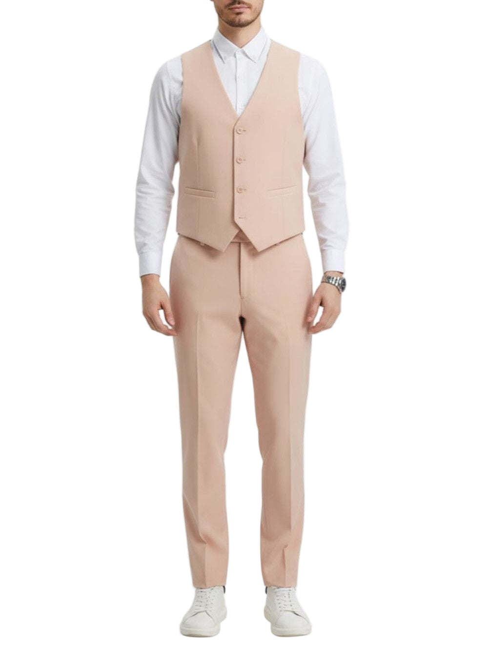 Close-up of the solid blush Stacy Adams 3 Piece Hybrid Fit Suit jacket collar and button.