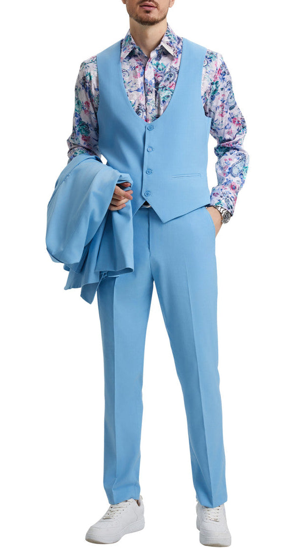 Solid Sky Blue Stacy Adams 3 Piece Hybrid Fit Suit with expandable waistband and shoes on white background.