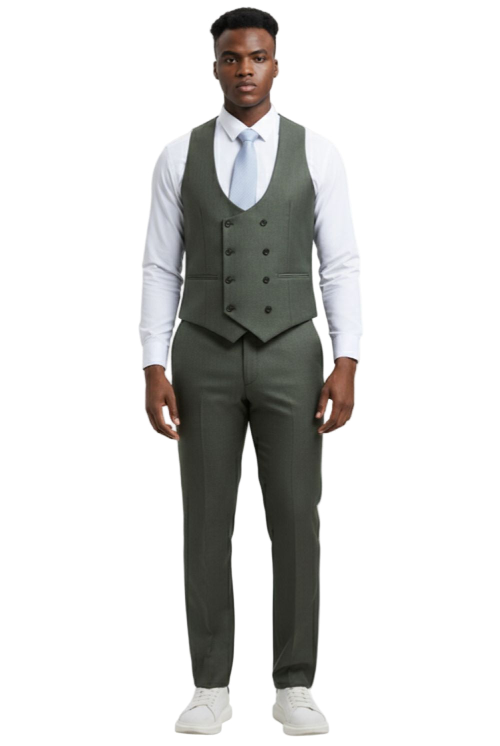 Solid olive sharkskin Stacy Adams 3 Piece Hybrid Fit Suit trousers, showing button and pocket details on a white background.