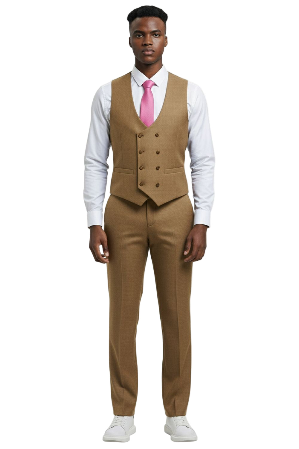 Solid Stacy Adams Oatmeal Sharkskin 3 Piece Hybrid Fit suit jacket, showing tie, collar, buttons, pockets on white.