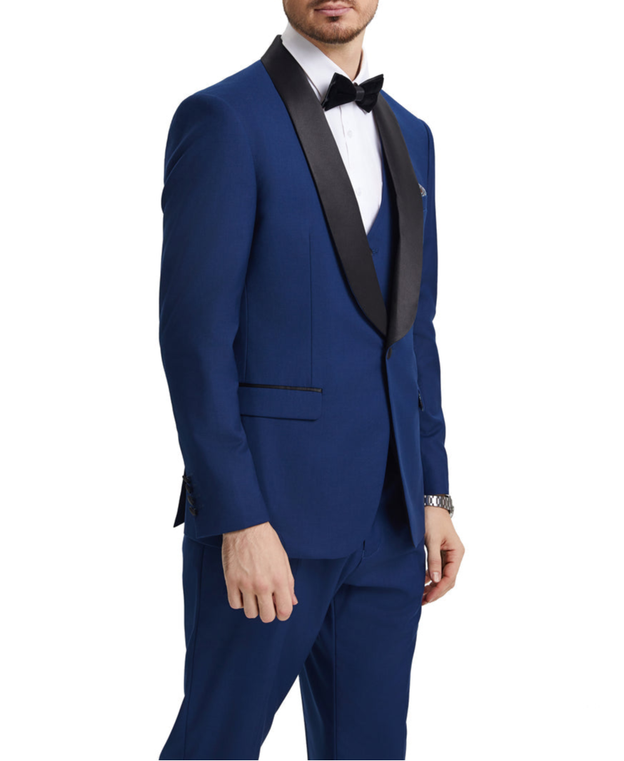 Stacy Adams Indigo solid 3 Piece Hybrid Fit Tuxedo featuring a satin shawl lapel, paired with a bow tie.