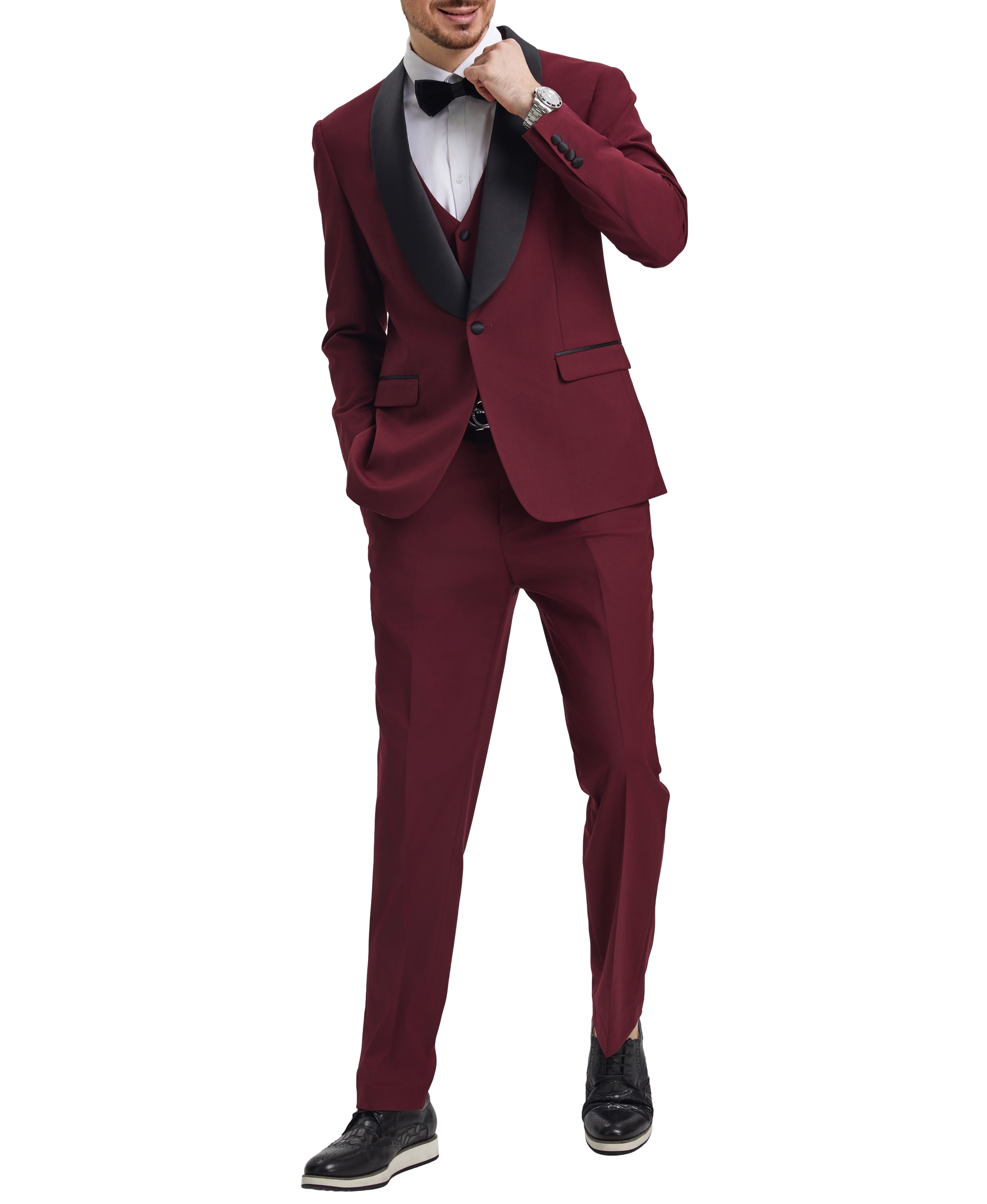 Stacy Adams Burgundy 3 Piece Hybrid Fit Tuxedo Satin Shawl Lapel