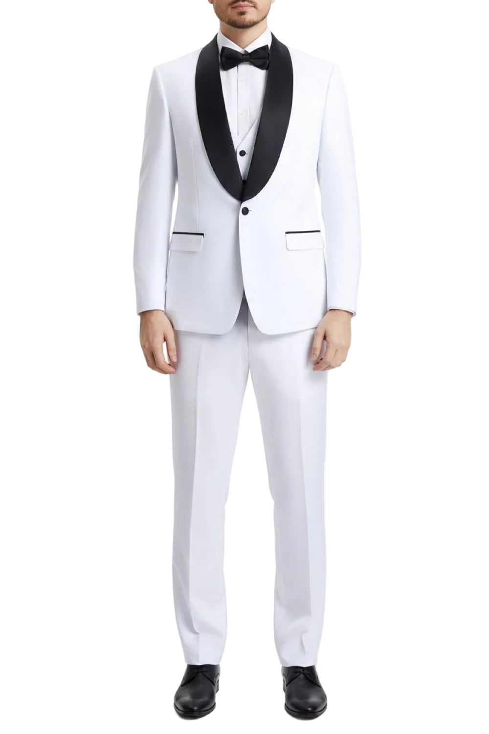 Stacy Adams - White 3 Piece Hybrid Fit Tuxedo Satin Shawl Lapel
