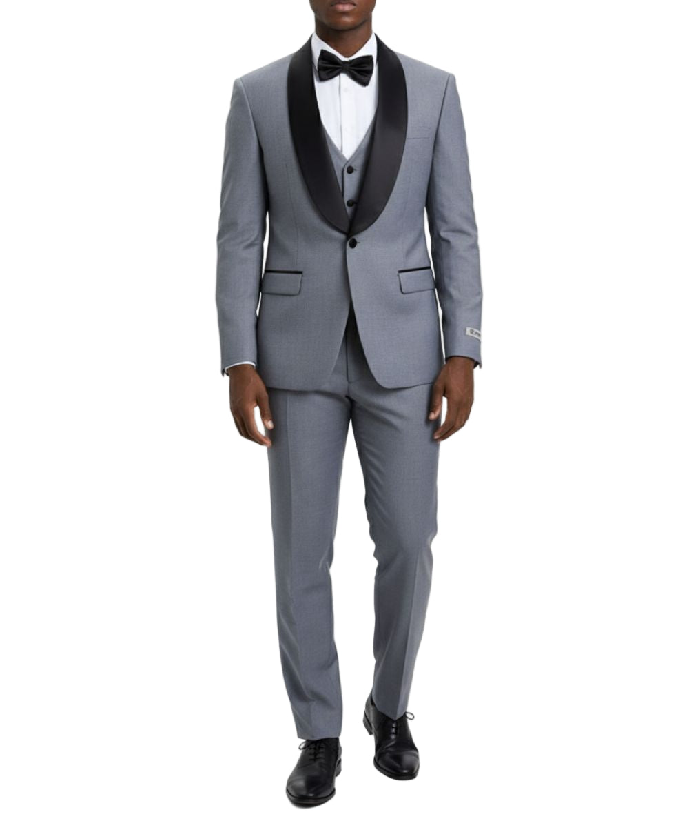 Stacy Adams - Medium Gray 3 Piece Hybrid Fit Tuxedo Satin Shawl Lapel