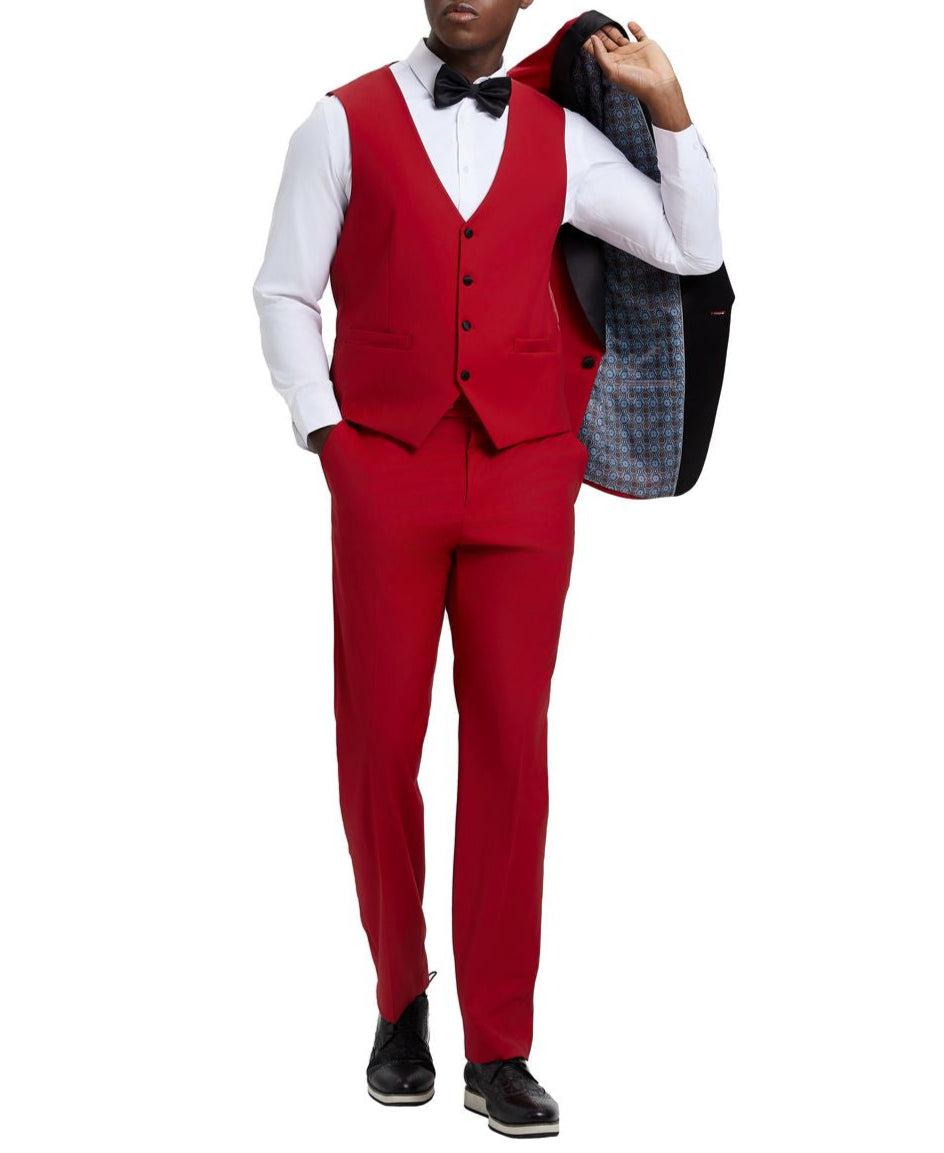 Solid red Stacy Adams 3 Piece Hybrid Fit Tuxedo jacket, showing satin shawl lapel, collar, buttons, and pockets.