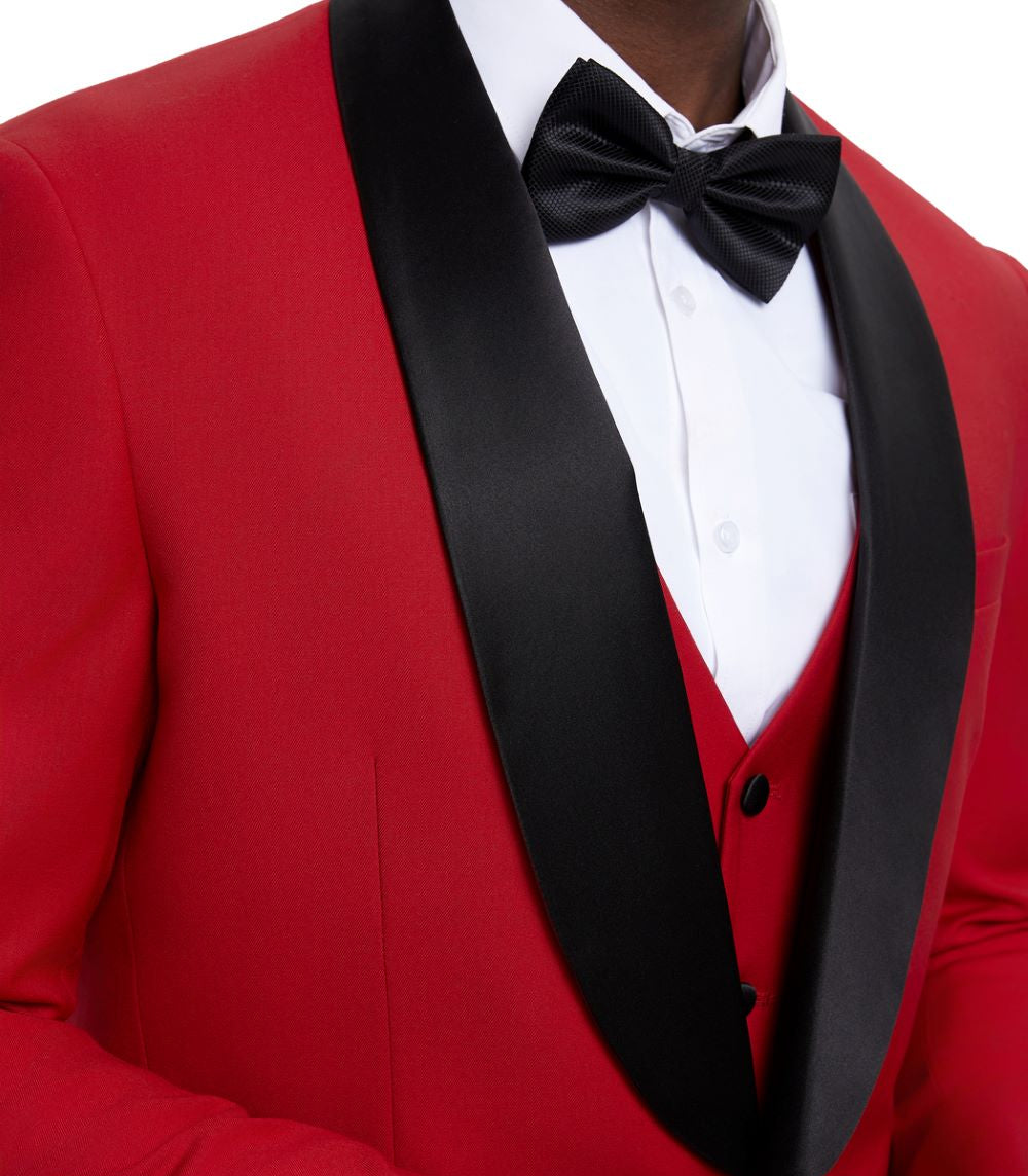 Solid Stacy Adams Red 3 Piece Hybrid Fit Tuxedo jacket with satin shawl lapel. Features collar, buttons, tie, and bow tie.