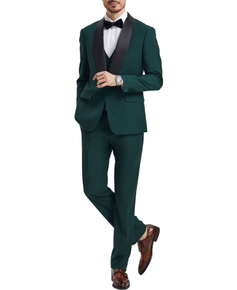 Stacy Adams solid green 3 piece hybrid fit tuxedo jacket with satin shawl lapel, showing collar.