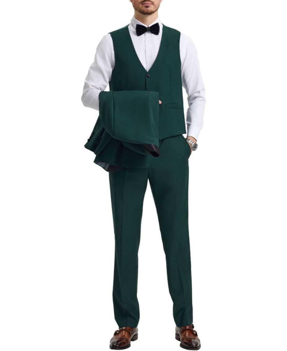 Close-up of the solid green Stacy Adams 3 Piece Hybrid Fit Tuxedo satin shawl lapel, vest, button, and pocket.