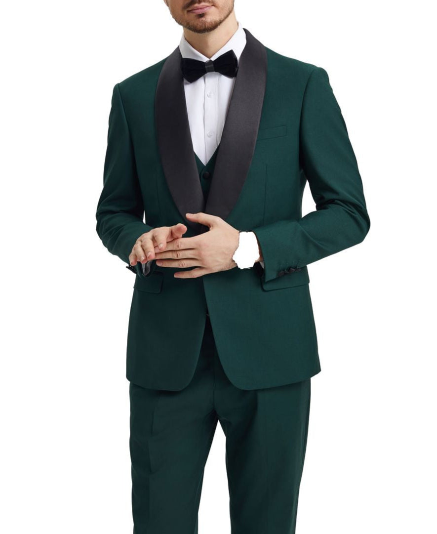 Green tuxedo with black lapels and bow tie on a white background
