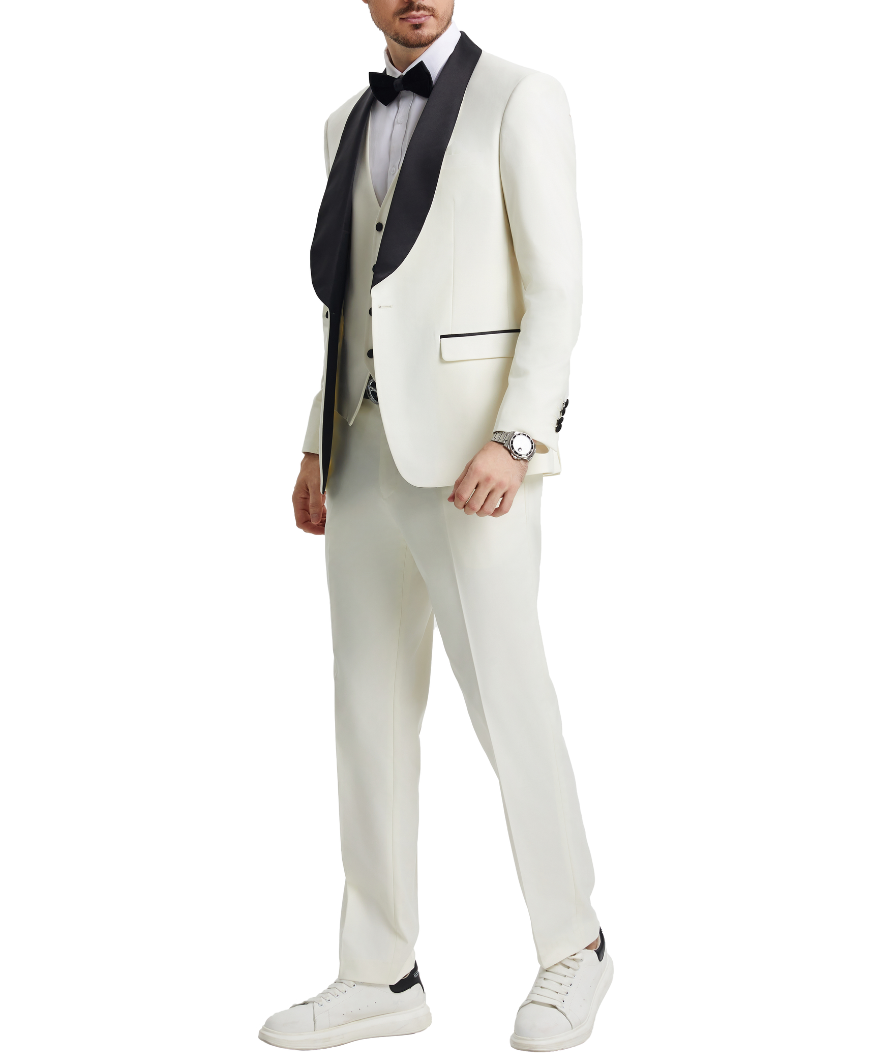 Solid Ivory Stacy Adams 3 Piece Hybrid Fit Tuxedo blazer with satin shawl lapel, showing collar, tie, and bow tie.