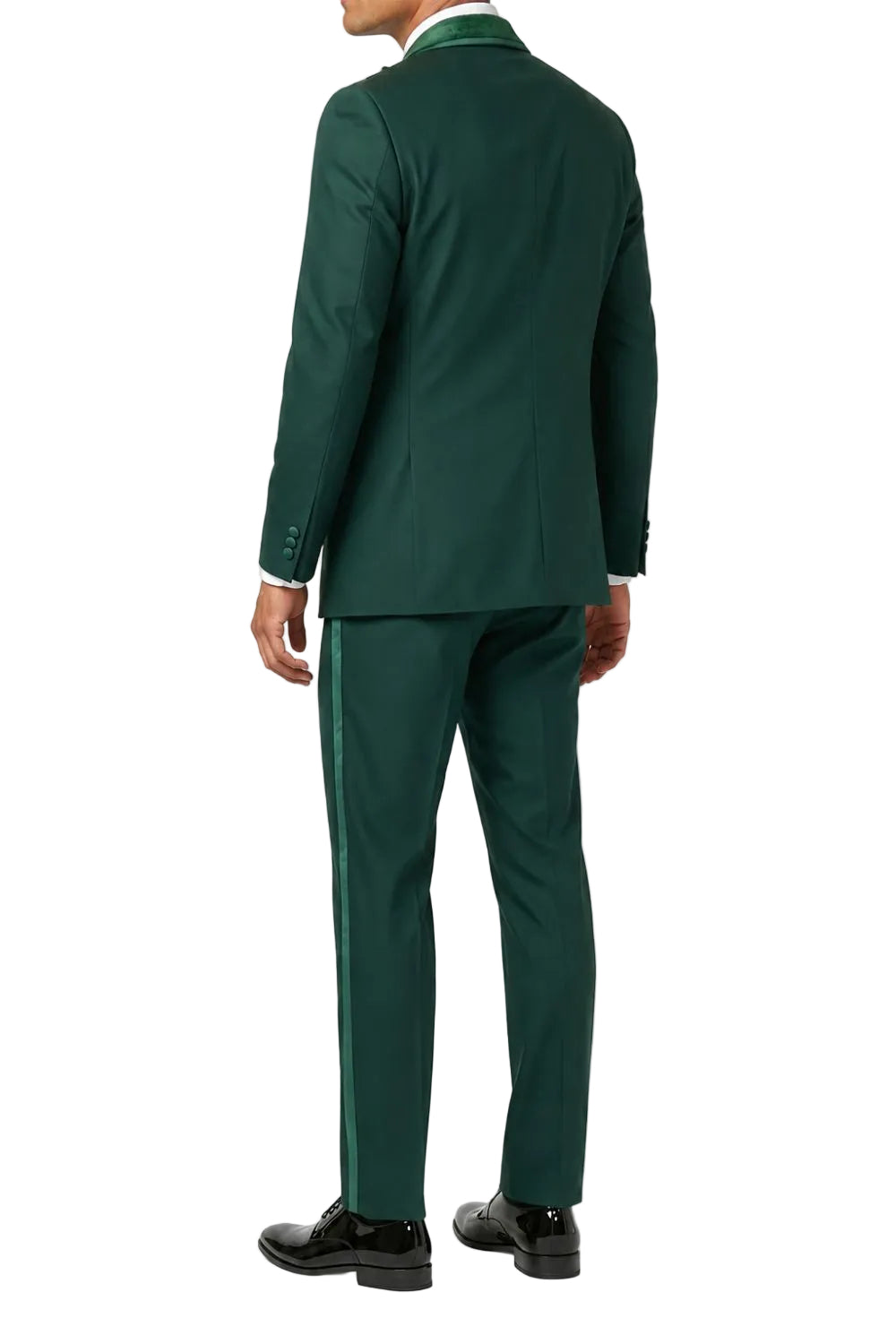 A man viewed from the back wearing a dark green tailored suit with matching trousers, a green collar detail, and black dress shoes against a plain white background.