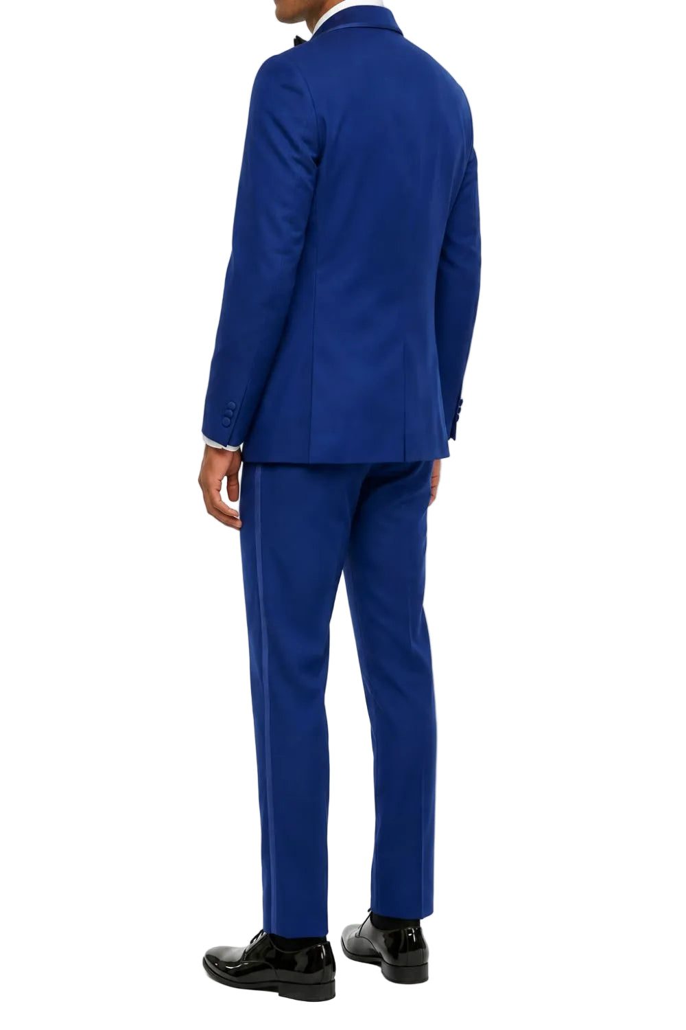 A man wearing a royal blue suit, viewed from the back, paired with black dress shoes against a plain white background.