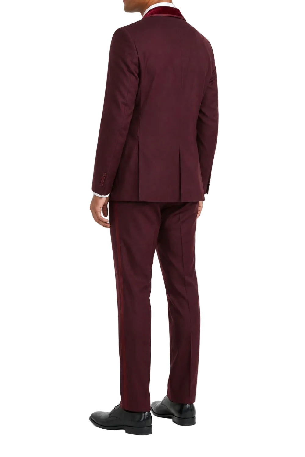 A man wearing a burgundy suit with a white shirt and black dress shoes, shown from the back against a plain white background.