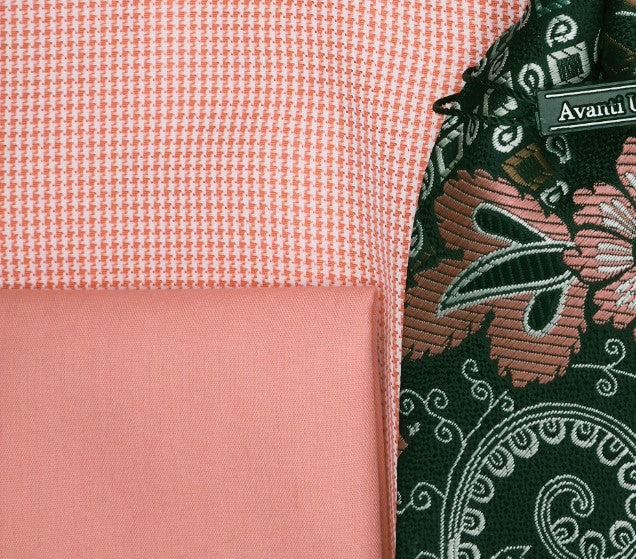 Coral French Cuff Mini-Houndstooth Dress Shirt Set with Tie and Handkerchief