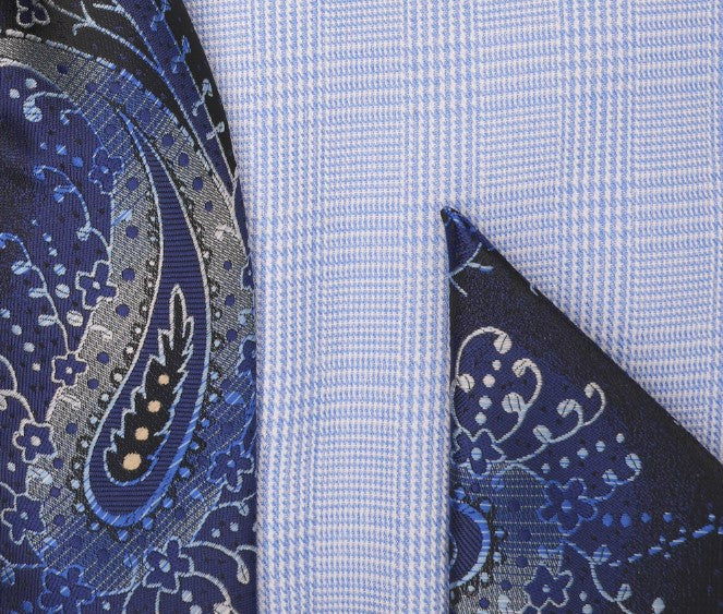 swatch Blue Windowpane Dress Shirt Set with Tie and Handkerchief