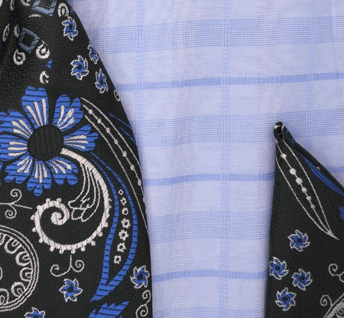 swatch Blue Tone-on-tone Check Dress Shirt Set with Tie and Handkerchief