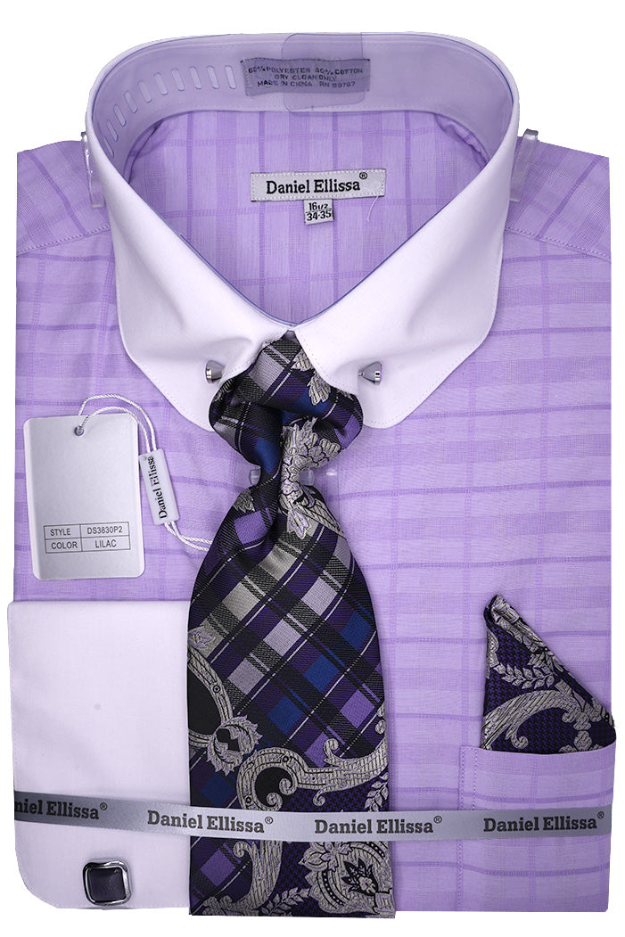 Men's Lilac Tone-on-tone Check Dress Shirt Set with Tie and Handkerchief 16 34/35 / Lilac Men's Lilac Tone-on-tone Check Dress Shirt Set with Tie and Handkerchief 16 34/35 / Lilac
