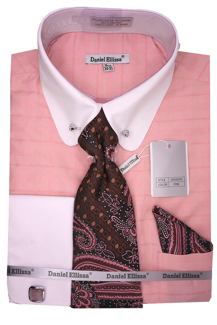 Men's Pink Tone-on-Tone Check Dress Shirt Set with Tie and Handkerchief 18 34/35 / Pink Men's Pink Tone-on-Tone Check Dress Shirt Set with Tie and Handkerchief 18 34/35 / Pink