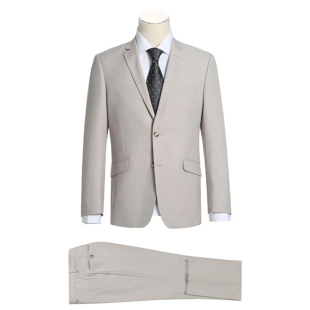 Beige suit with a tie on a mannequin against a white background